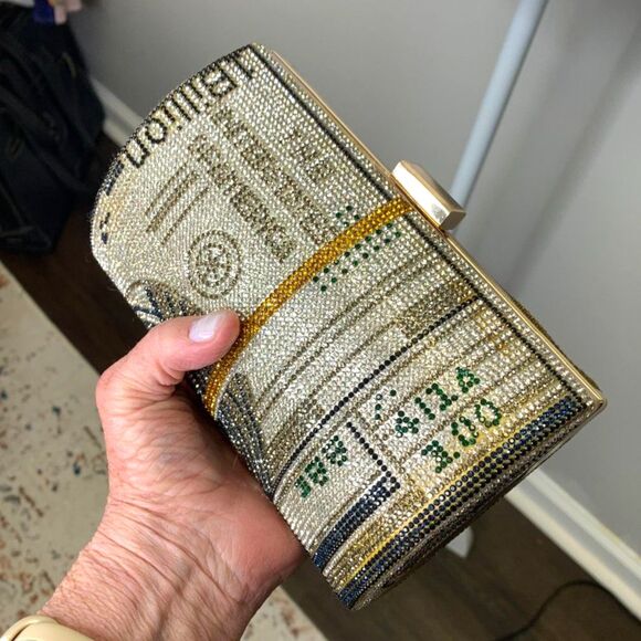 Bling Rhinestone Money Clutch Bag Purse Crystal Evening Handbag Dollar Stack Y2K - Picture 3 of 12